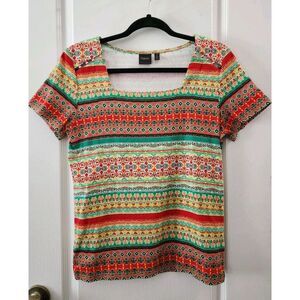 Rafaella Women's Top Short Sleeve Square Neck Boho Blouse 100% Cotton Size L